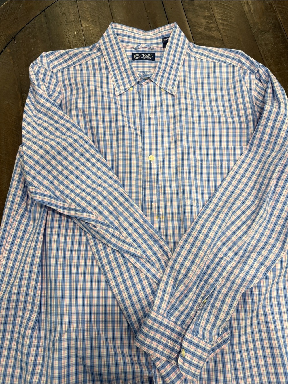 Chaps Blue and Pink Plaid Long-Sleeve Dress Shirt